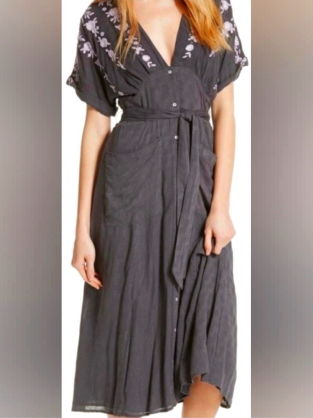 Free People Charcoal Gray Embroidered V-Neck Maxi Dress